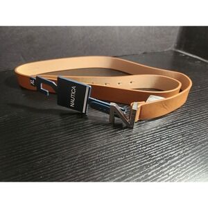 Nautica Womens Tan‎ Leather Belt Silver N Logo Buckle XL CB3053/0300 New
